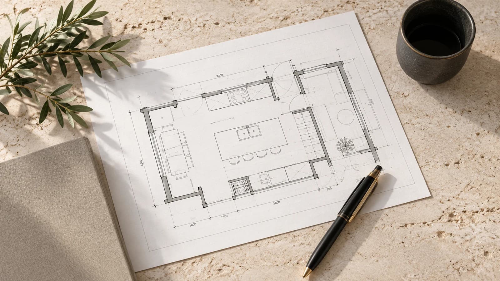 A kitchen floor plan, pen and coffee on a natural stone surface