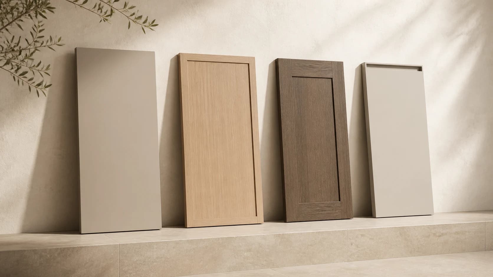 Four Riva sample door profiles displayed in a material showroom