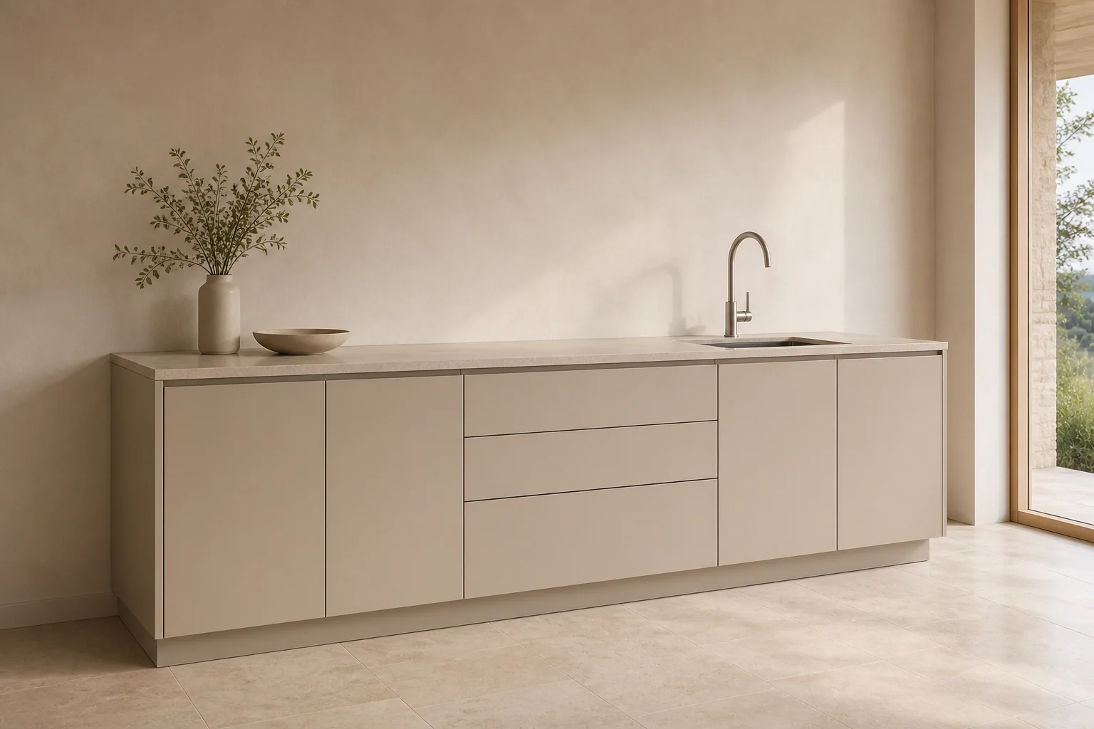 Base cabinets with Slab fronts in Chalk