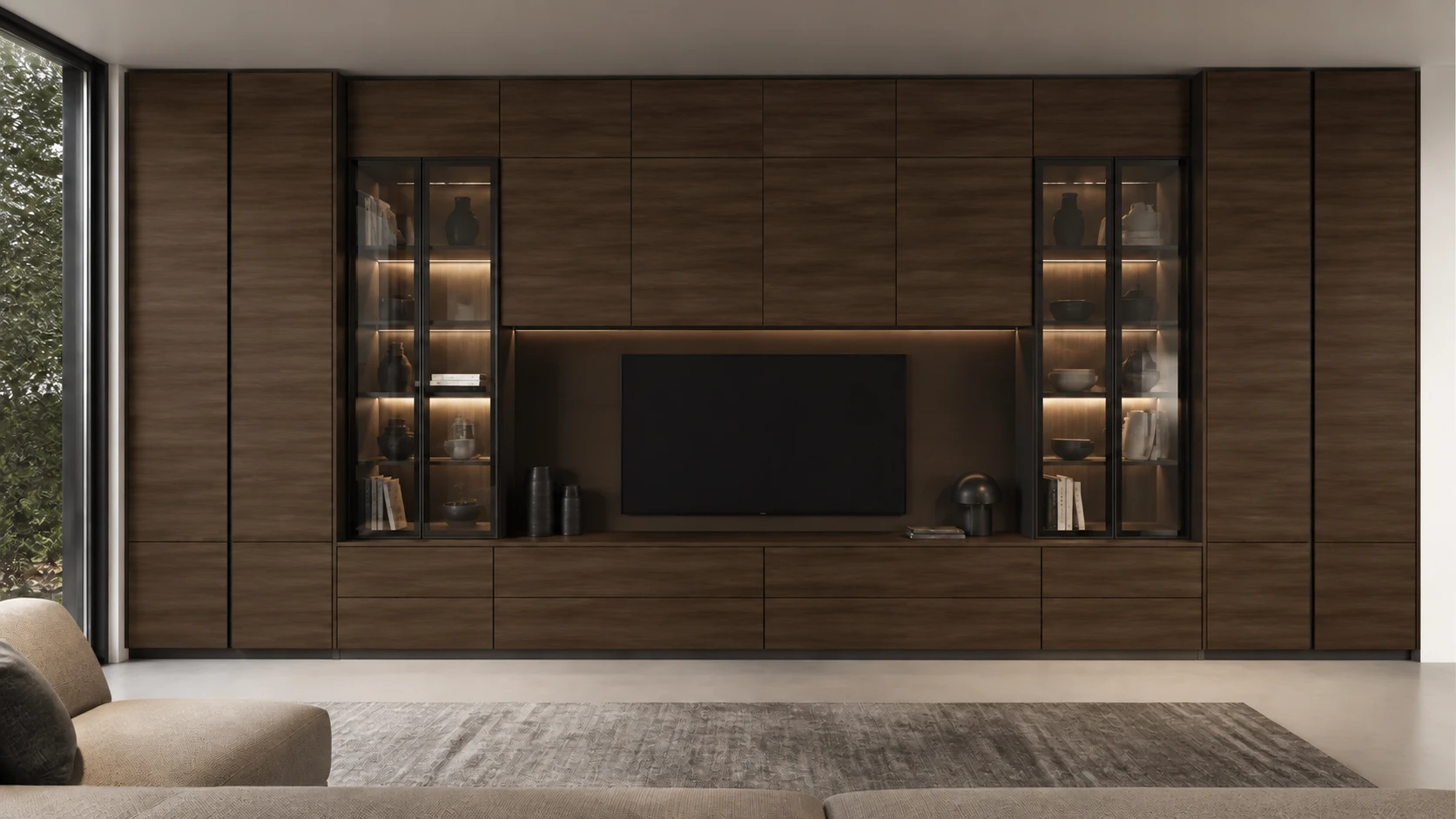 Panorama illustrative room with cabinetry in Melato Walnut